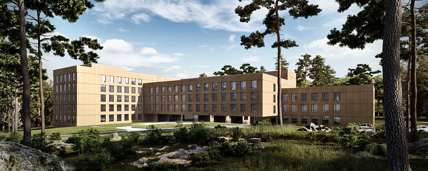 radiance-visual-architecture-3D-render-rendering-sideview-beige-building-with-surrounding-park