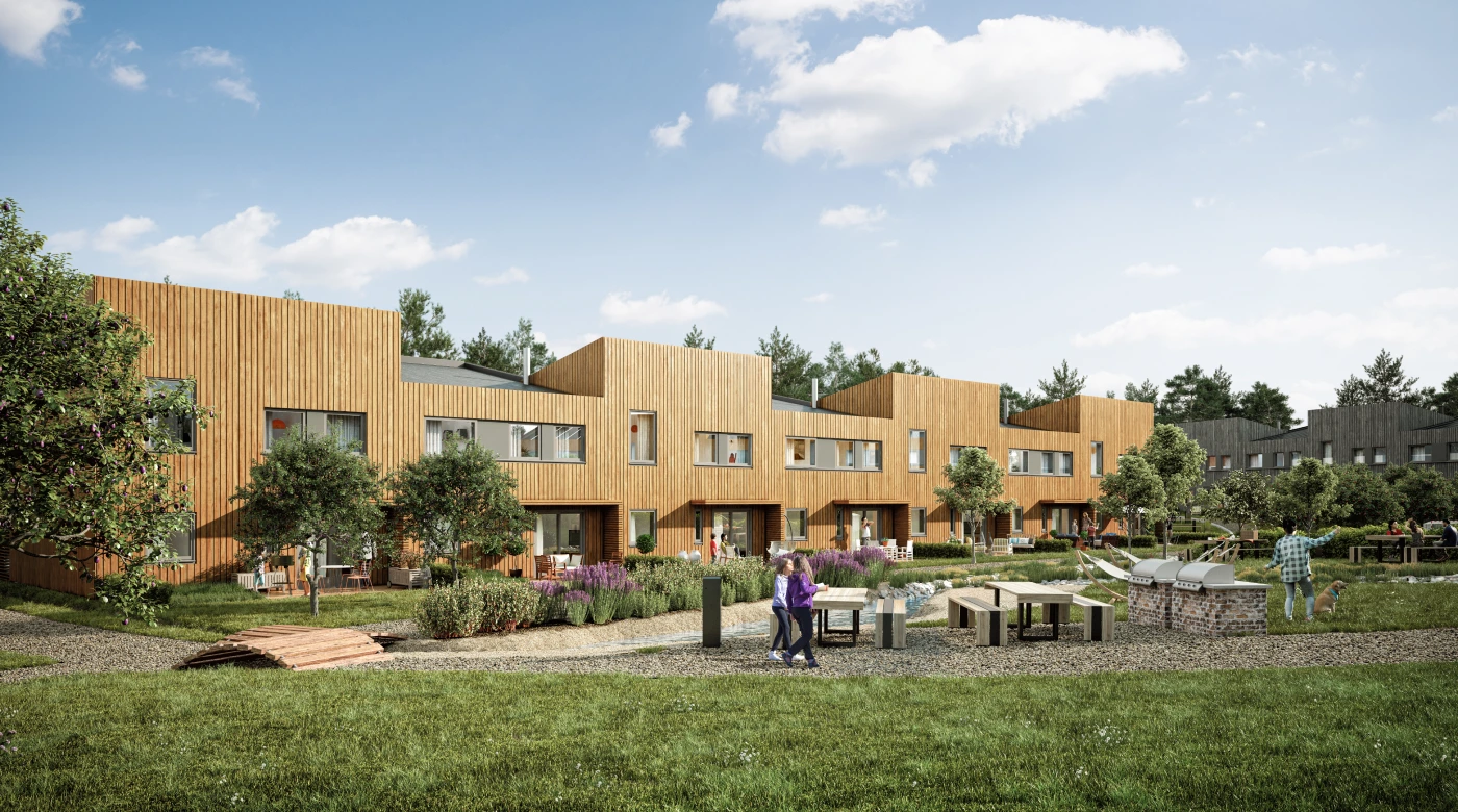 radiance-visual-real-estate-3D-render-rendering-people-walking-in-front-of-wooden-buildings