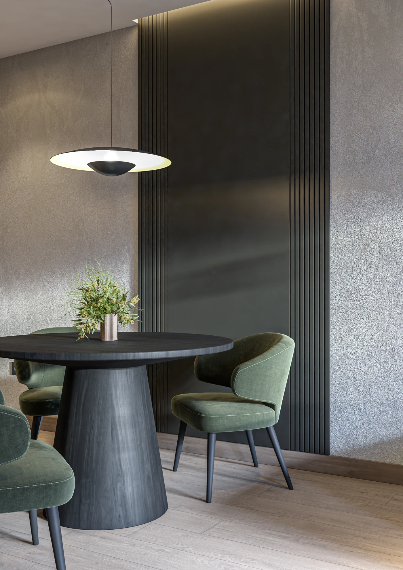 radiance-visual-real-estate-3D-render-rendering-black-table-with-green-armchairs