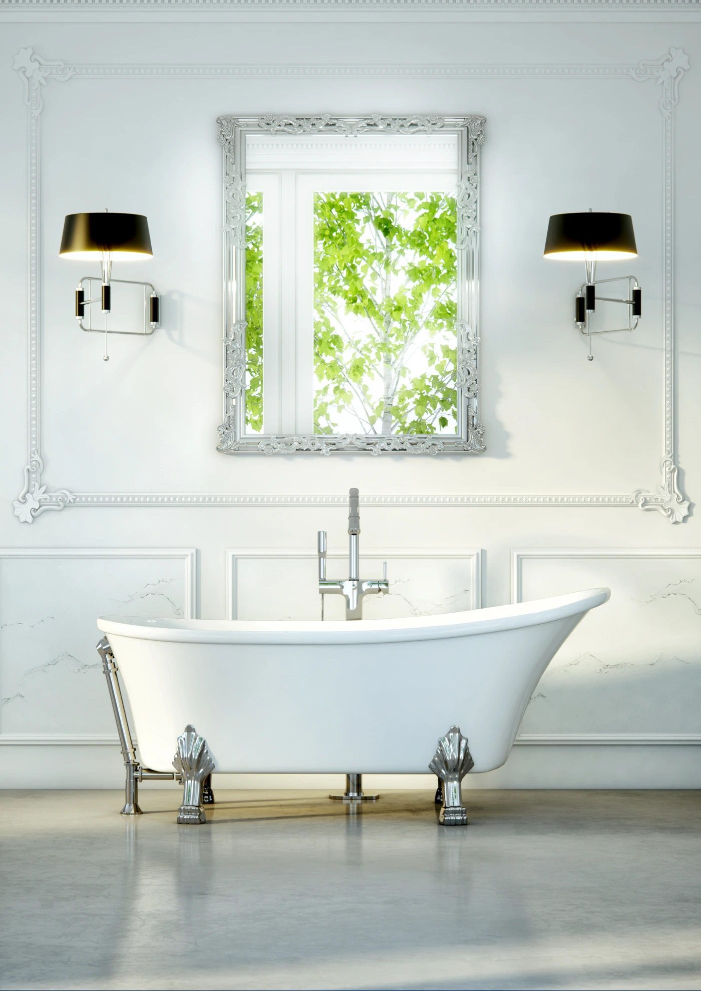 radiance-visual-product-3D-render-rendering-mirror-above-elegant-white-bathtub