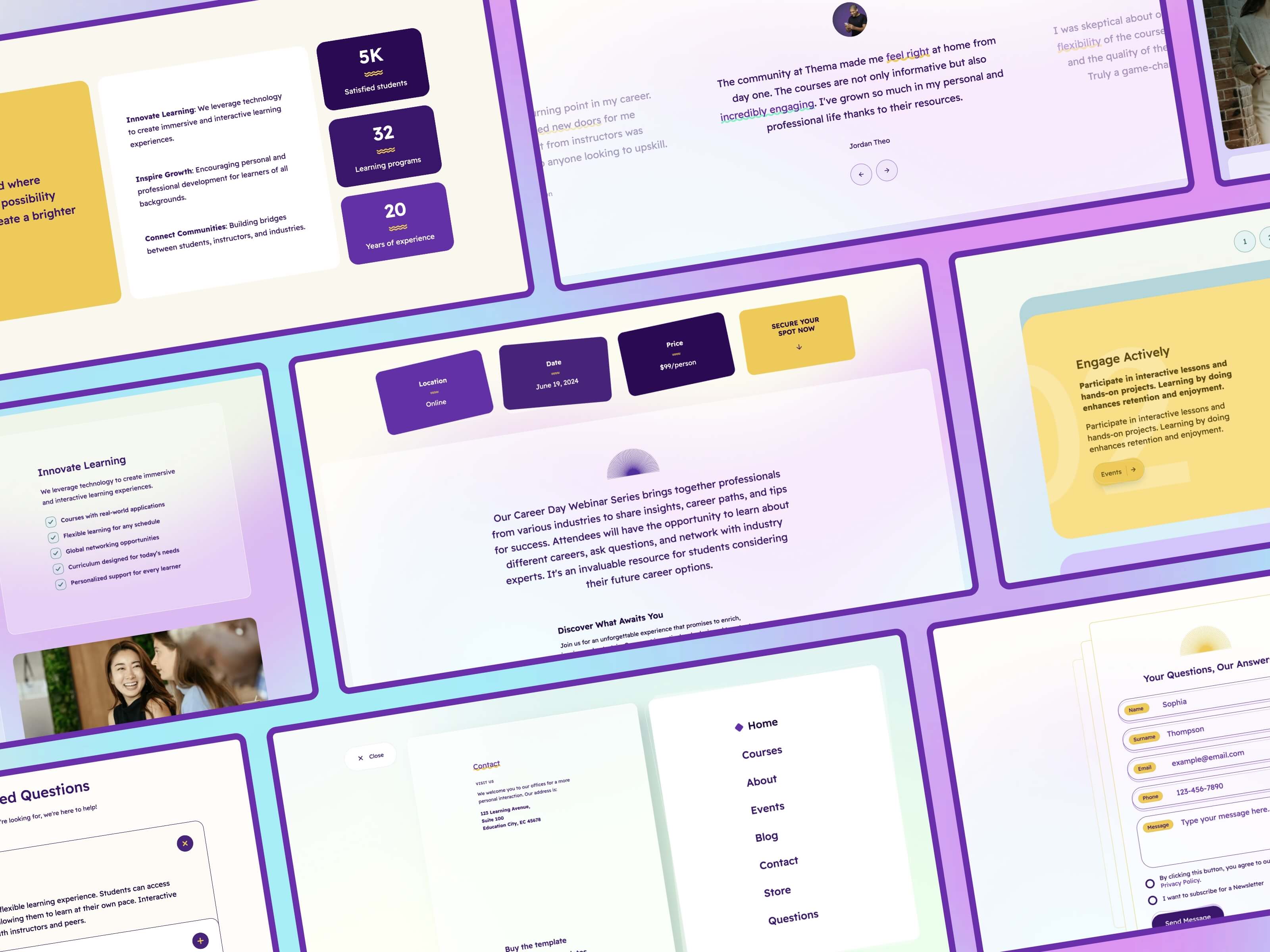 Thema: Education learning Webflow website template screens