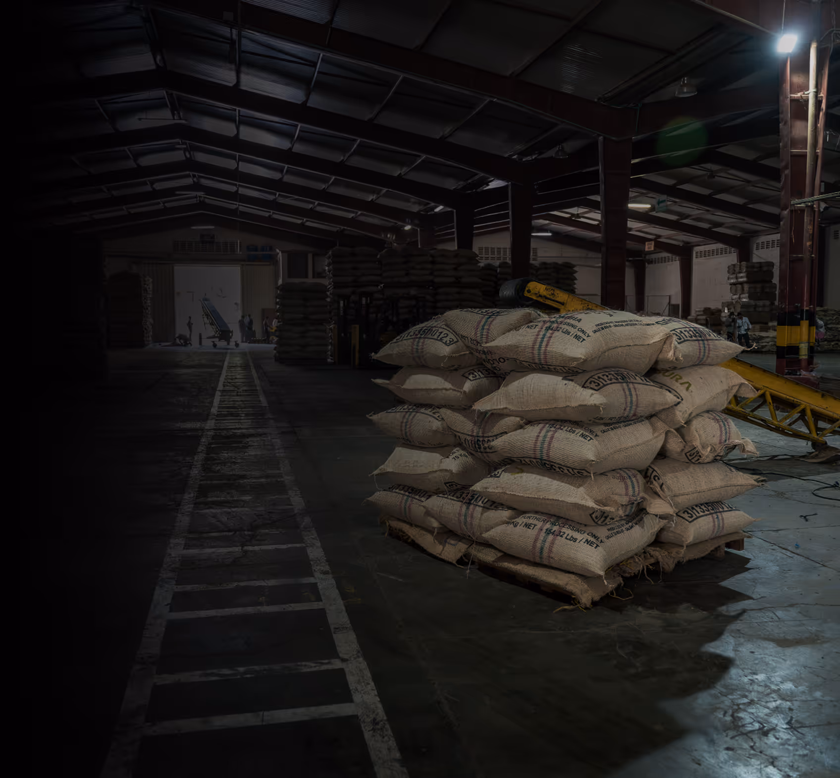 A large industrial warehouse filled with overflowing sacks of coffee beans, illustrating the scale of the coffee supply chain.