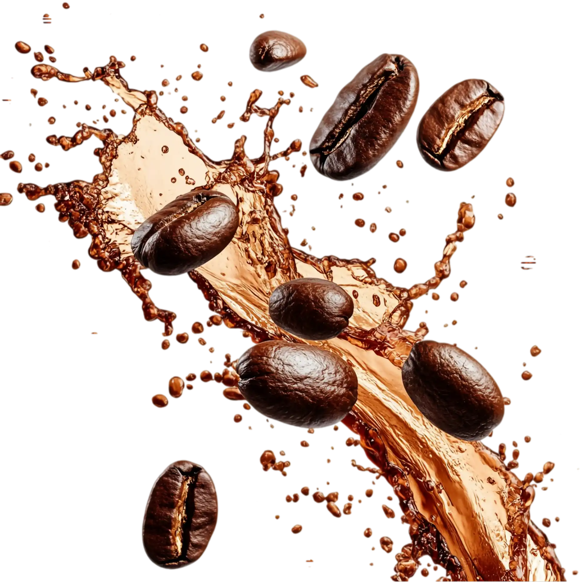 Roasted coffee beans suspended in a splash of dark coffee against a white background.