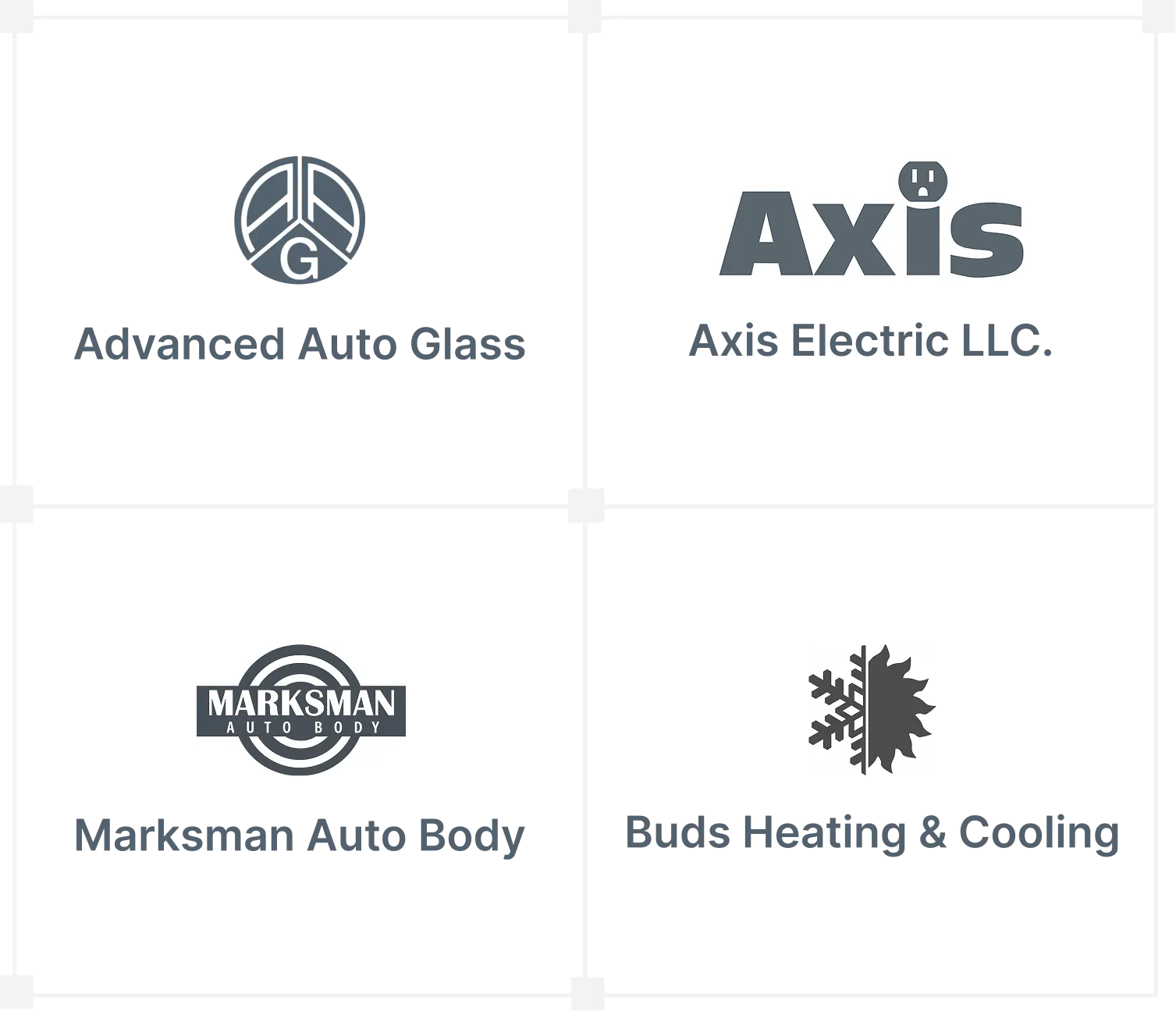 Four business logos: Advanced Auto Glass with a peace sign and letter G, Axis Aoda Electric LLC with an electric plug in the letter i, Marksman Auto Body with a target symbol, and Buds Heating & Cooling with a half snowflake and half sun symbol.
