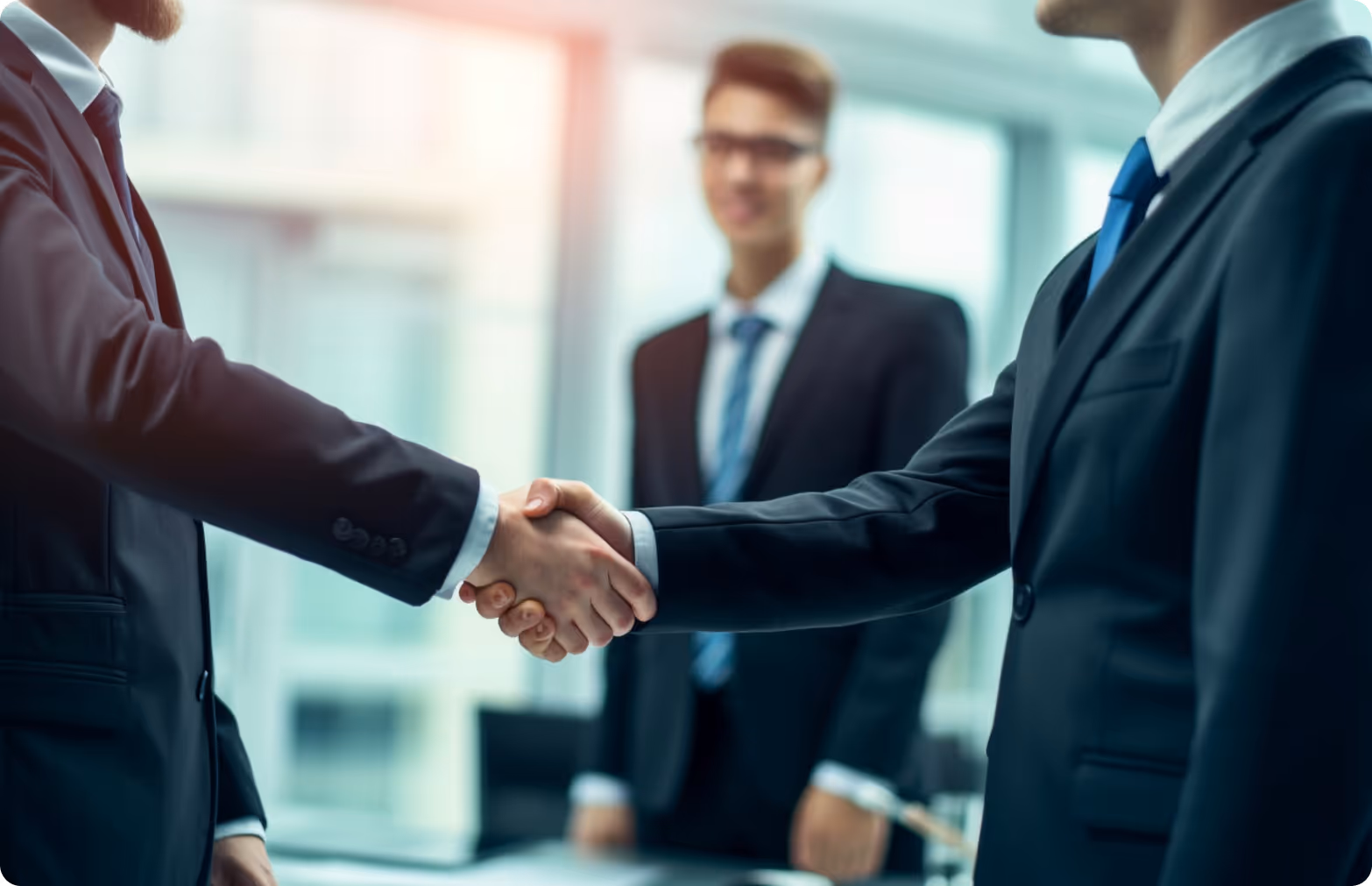 Two businessmen in suits shaking hands in an office with a third man standing in the background.