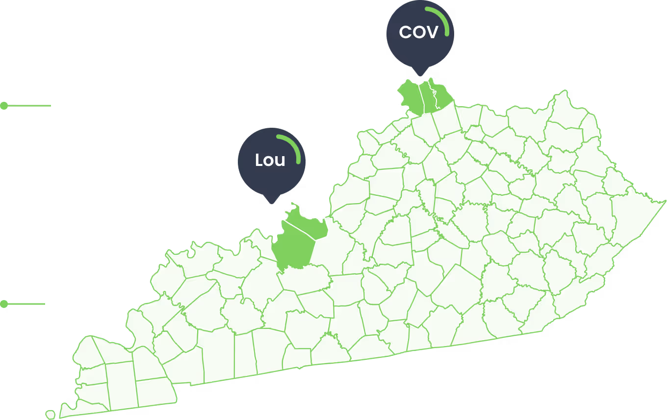 Map of Kentucky highlighting two counties in green with labels reading 'Lou' and 'cov'.