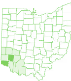Map of Ohio highlighting five counties in the southwest region in light green, with the rest of the state in dark green.