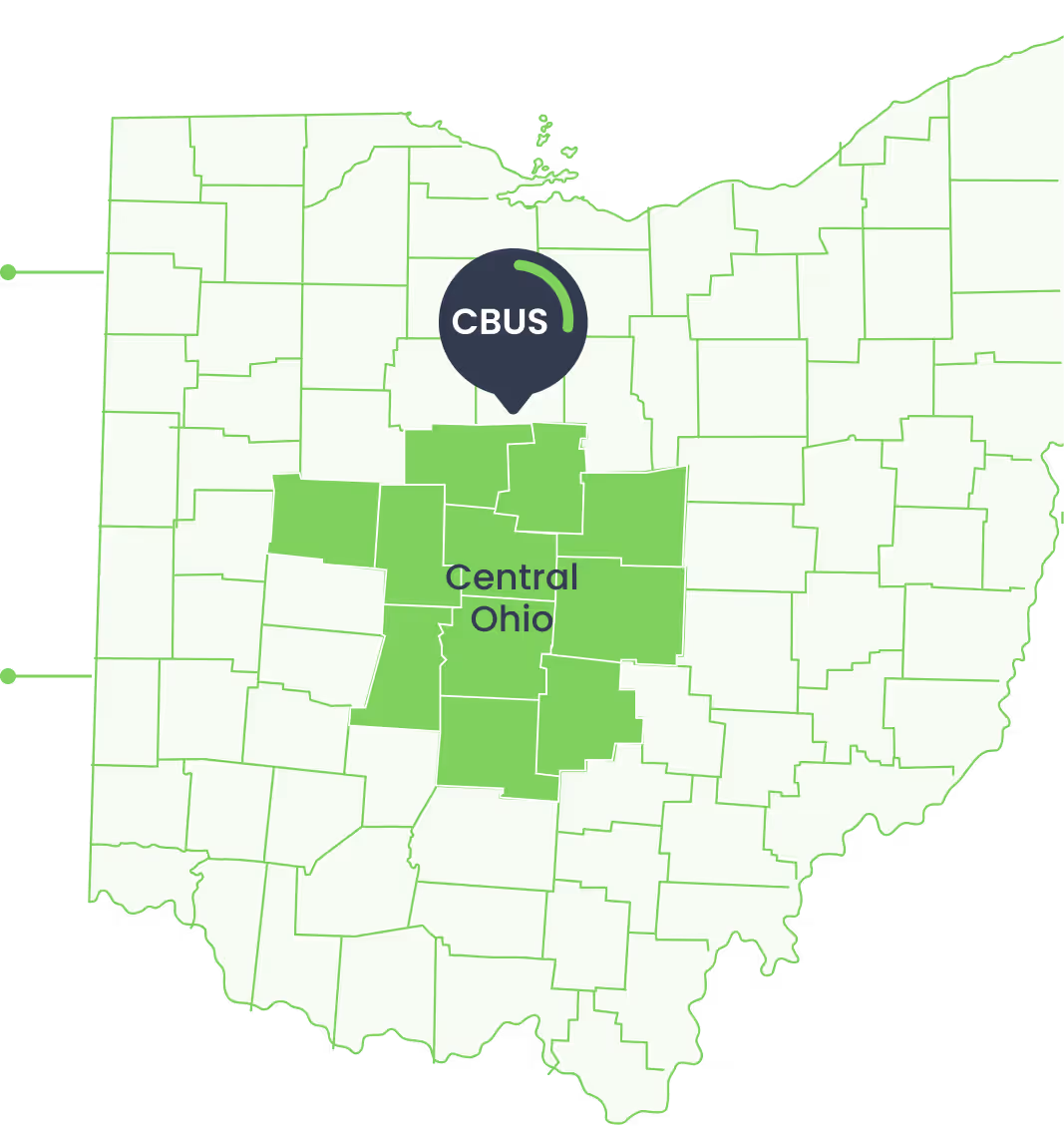 Map of Ohio with several counties in the central region highlighted in green labeled Central Ohio and marked with a pin labeled CBUS.