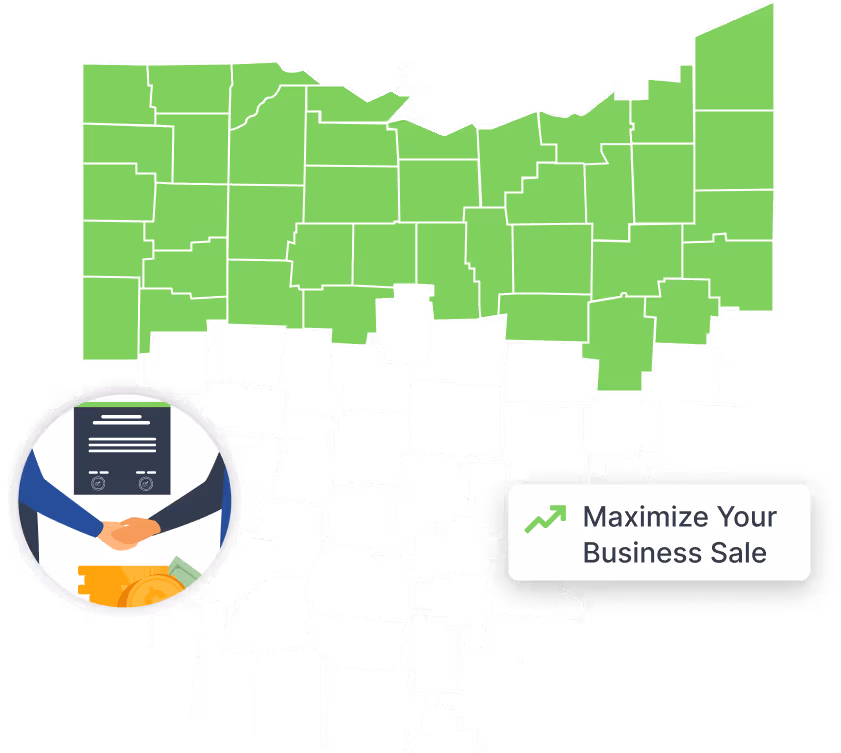 Map of Ohio counties with the northern counties highlighted in green and a circular inset showing a handshake over a contract and money, accompanied by text 'Maximize Your Business Sale' with an upward arrow.