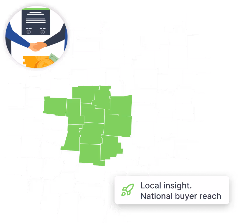 Map highlighting several counties in green with a circular inset showing a handshake over money and a contract, accompanied by the text 'Local insight. National buyer reach.'