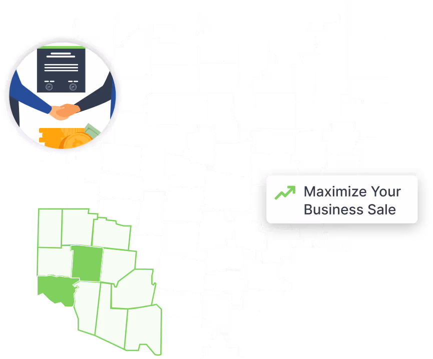Map highlighting several southwestern counties in light green with an inset showing two people shaking hands over a contract and money, and a label that says 'Maximize Your Business Sale'.