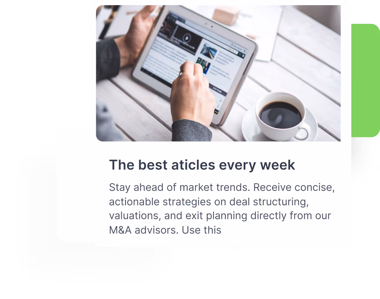 Person holding a tablet while sitting at a white wooden table with a cup of black coffee nearby.