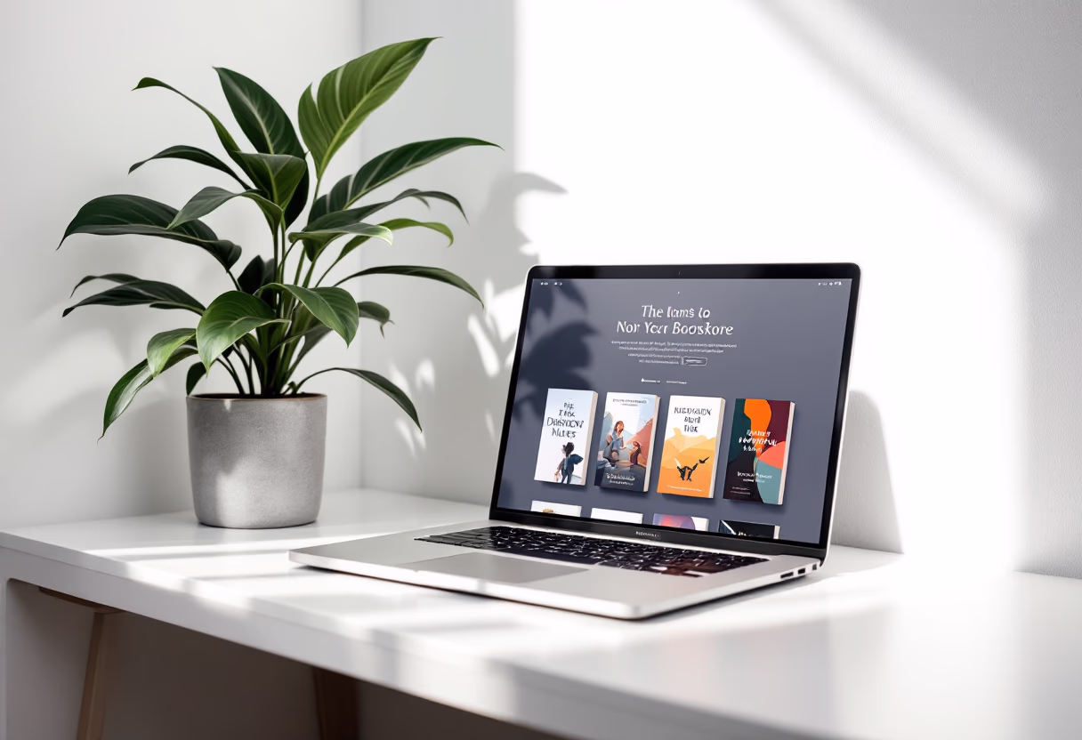 image of desk with a laptop and a plant (for a bookstore)