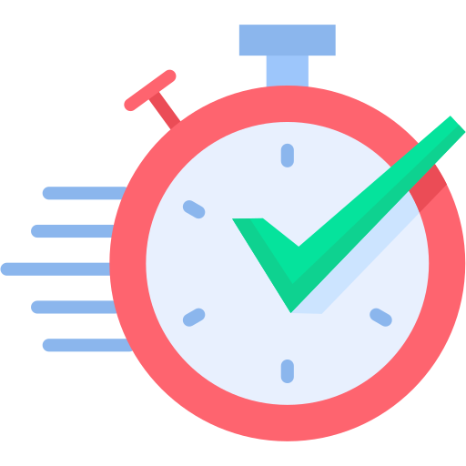 Stopwatch with red outline and green checkmark indicating timely completion.