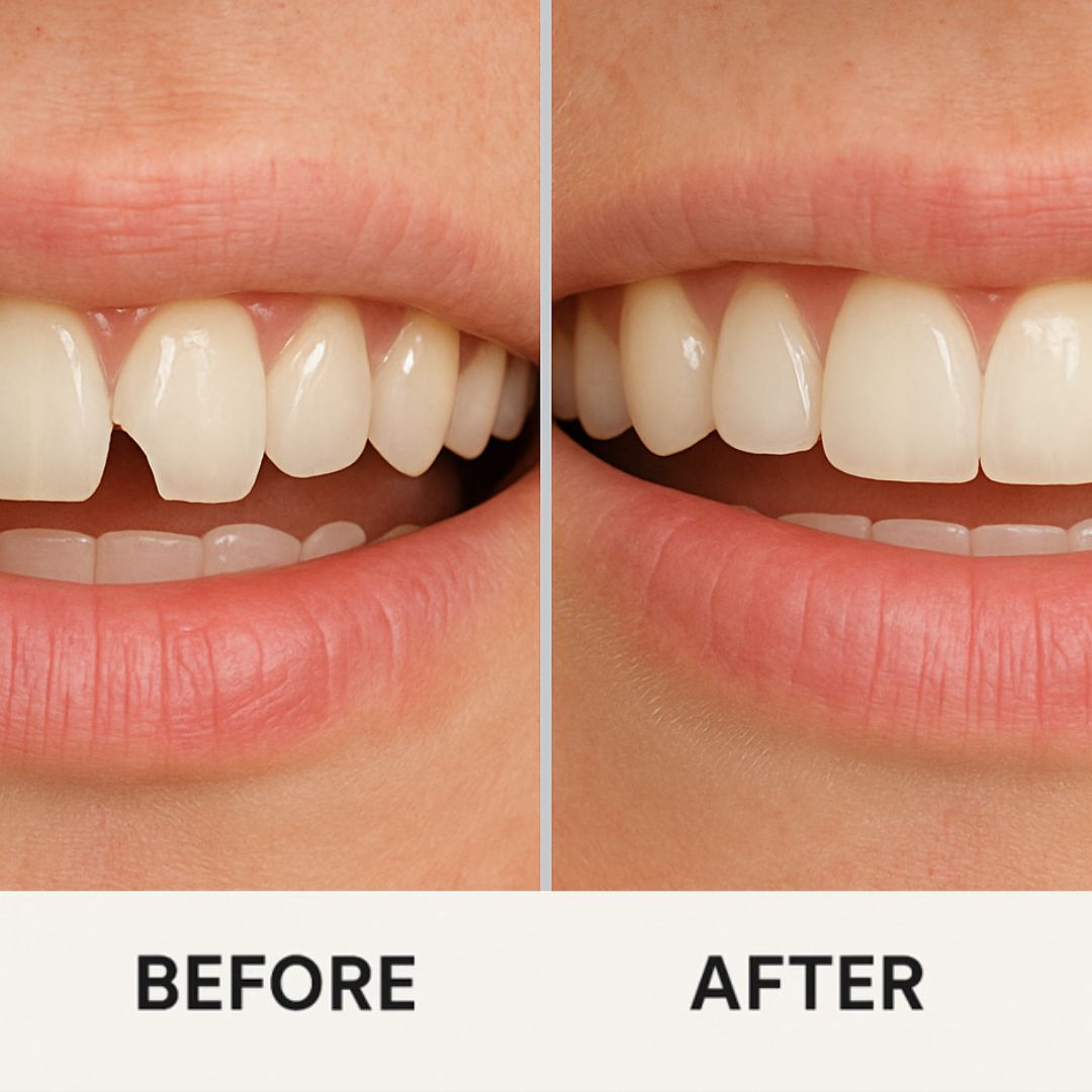 Close-up showing a chipped front tooth before dental treatment and a restored, smooth front tooth after treatment.