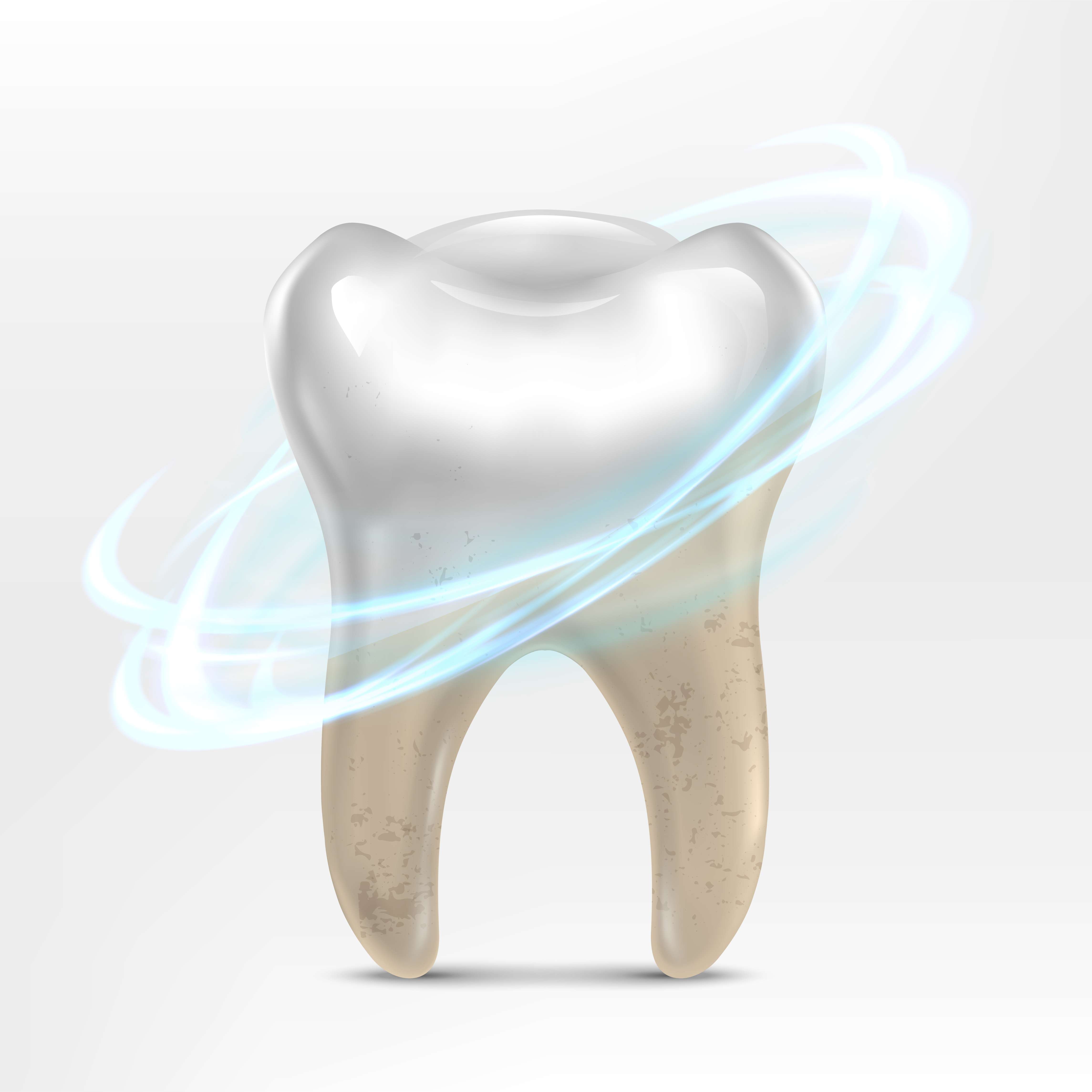 Illustration of a tooth with dirty lower part and clean, shiny upper part surrounded by blue swirling light indicating cleaning or whitening.