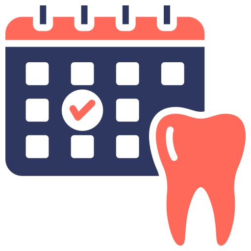 Calendar with a checkmark on a date next to a large tooth icon, symbolizing a dental appointment.