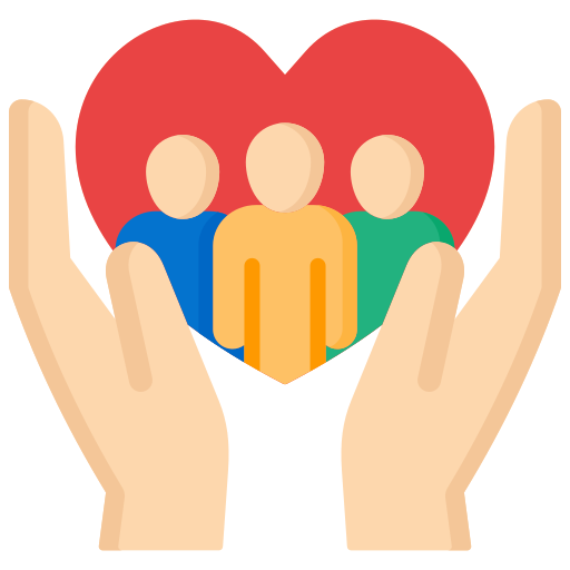 Two hands holding a red heart containing three faceless people icons in blue, orange, and green shirts.
