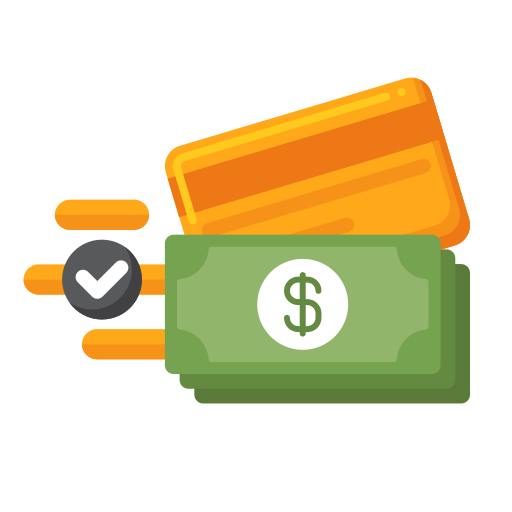 Illustration of orange credit cards and green dollar bills with a checkmark indicating successful payment.