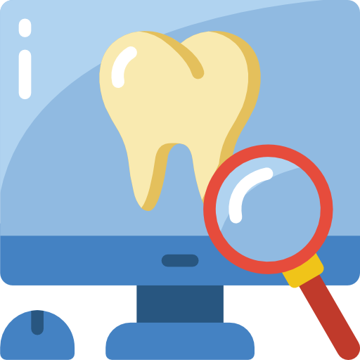 Computer monitor displaying a large tooth icon with a magnifying glass highlighting it.