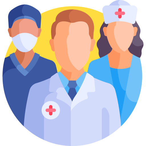 Illustration of a medical team with a doctor in white coat, a nurse with a medical hat, and a healthcare worker wearing a mask.