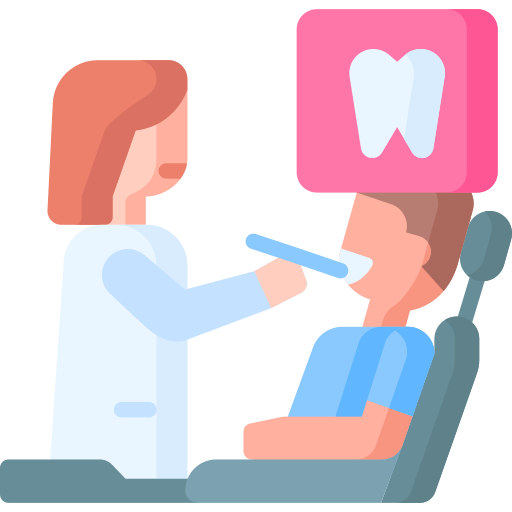 Dentist examining a patient's teeth in a dental chair with a tooth icon above them.