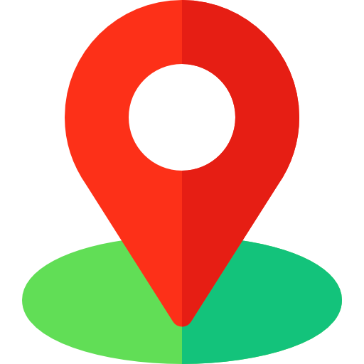 Red location map pin icon over a green oval base.