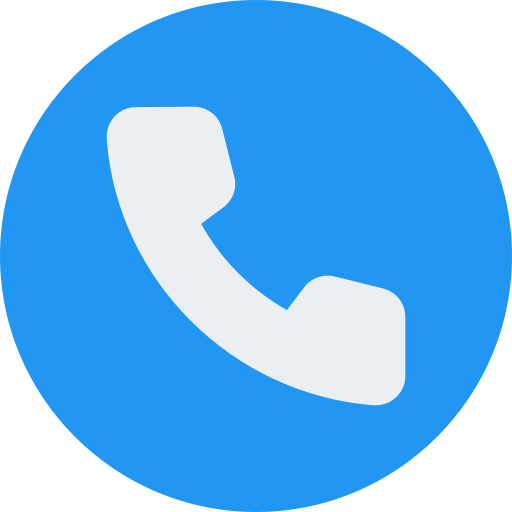 White telephone handset icon on a blue circular background.