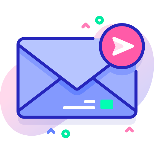 Blue envelope icon with a pink circular send button in the top right corner.