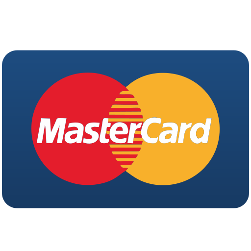Mastercard logo with overlapping red and orange circles and white text on a dark blue rounded rectangle background.