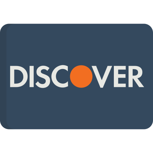 Discover credit card logo with a dark blue background and an orange circle inside the word.