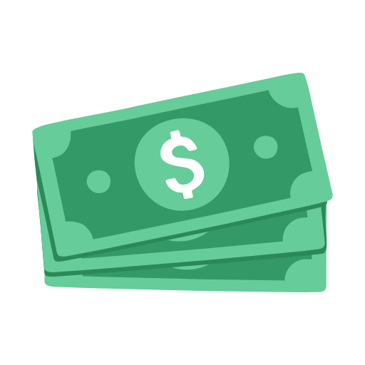 Stack of three green dollar bills with a white dollar sign on the top bill.