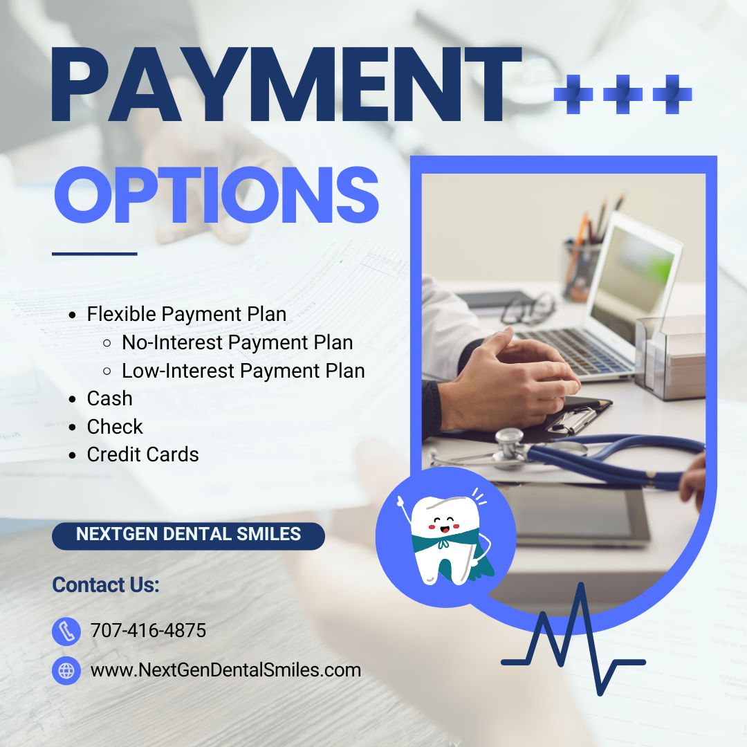 List of payment options including flexible payment plan with no-interest and low-interest plans, cash, check, and credit cards, with contact info for NextGen Dental Smiles.