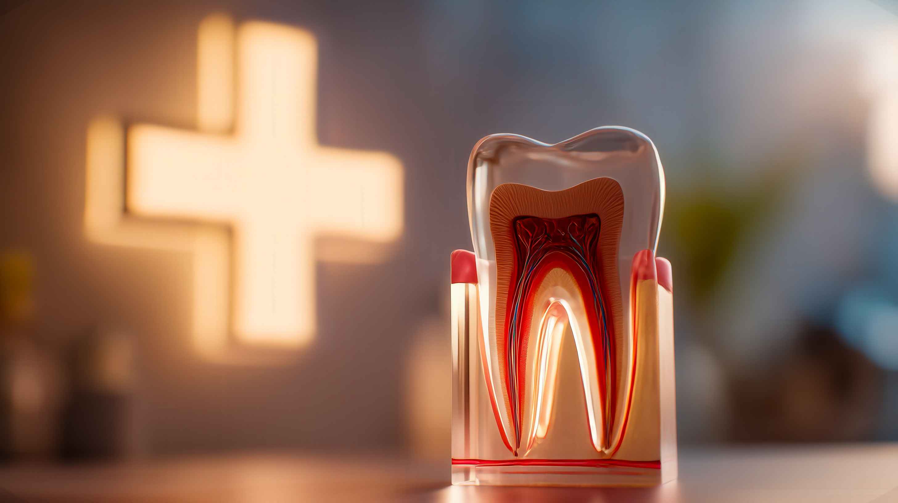 Transparent anatomical model of a tooth showing layers and roots with a blurred illuminated medical cross in the background.
