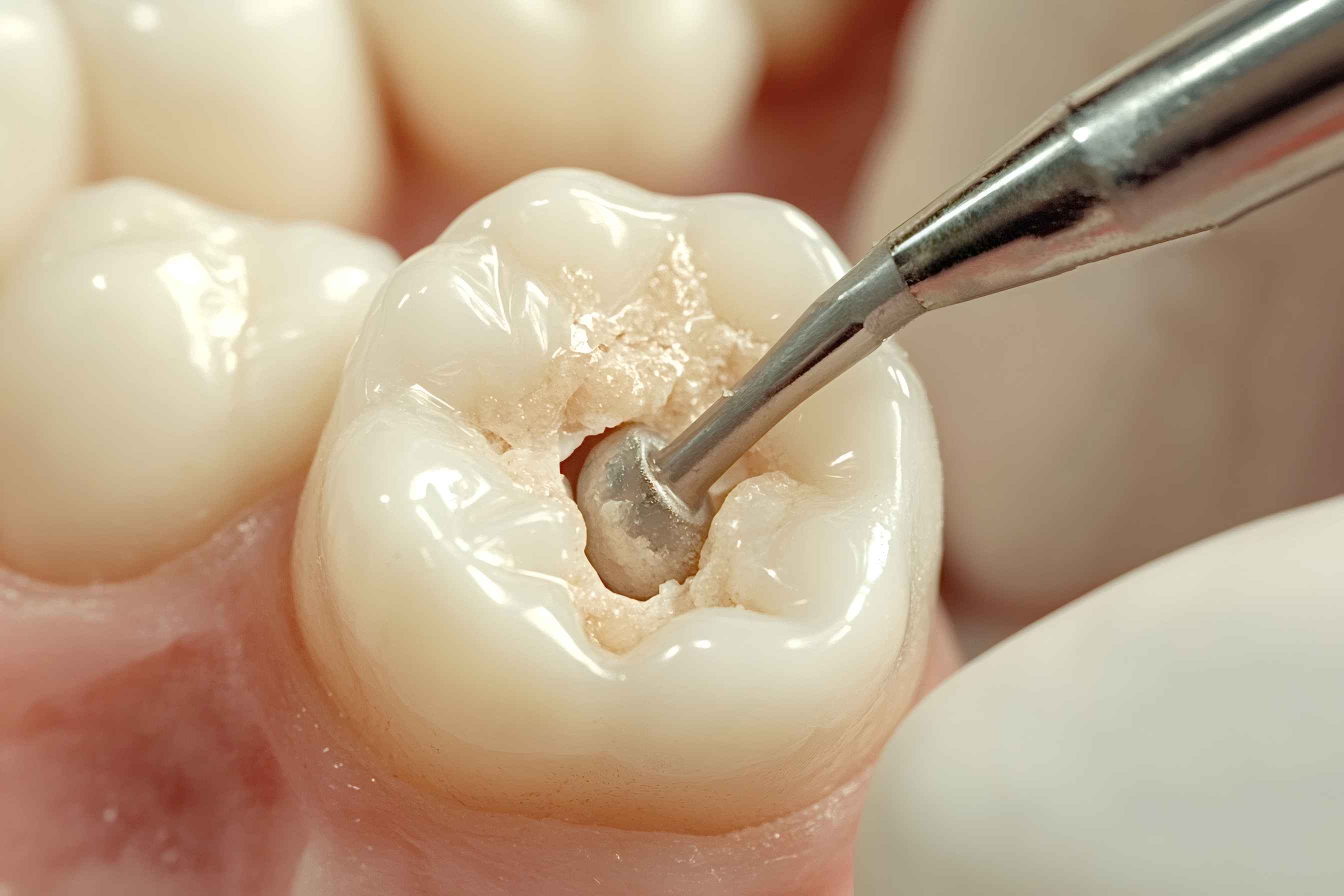 Close-up of dental drill removing decay from a molar tooth during restorative dental treatment.
