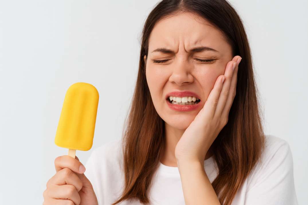 Woman holding a yellow popsicle with a pained expression, touching her cheek in discomfort.