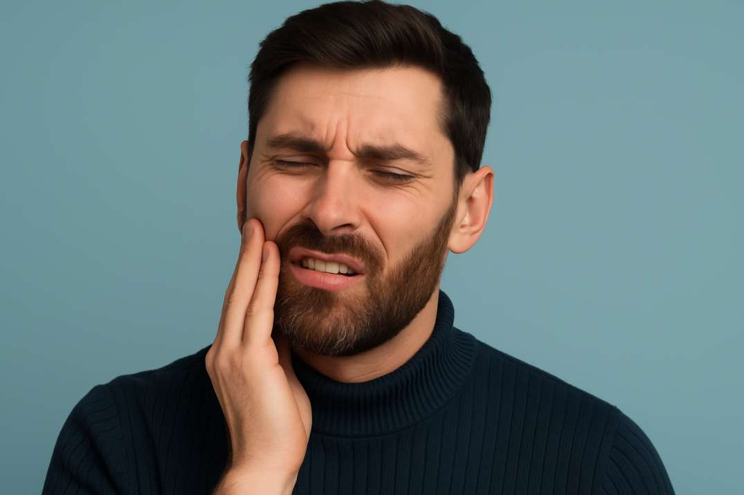 Man with beard wearing a dark turtleneck, grimacing and holding his cheek in pain against a blue background.