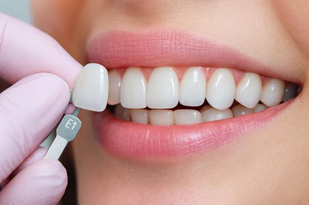 Close-up of a dentist holding a tooth shade guide against a smiling patient's teeth for color matching.