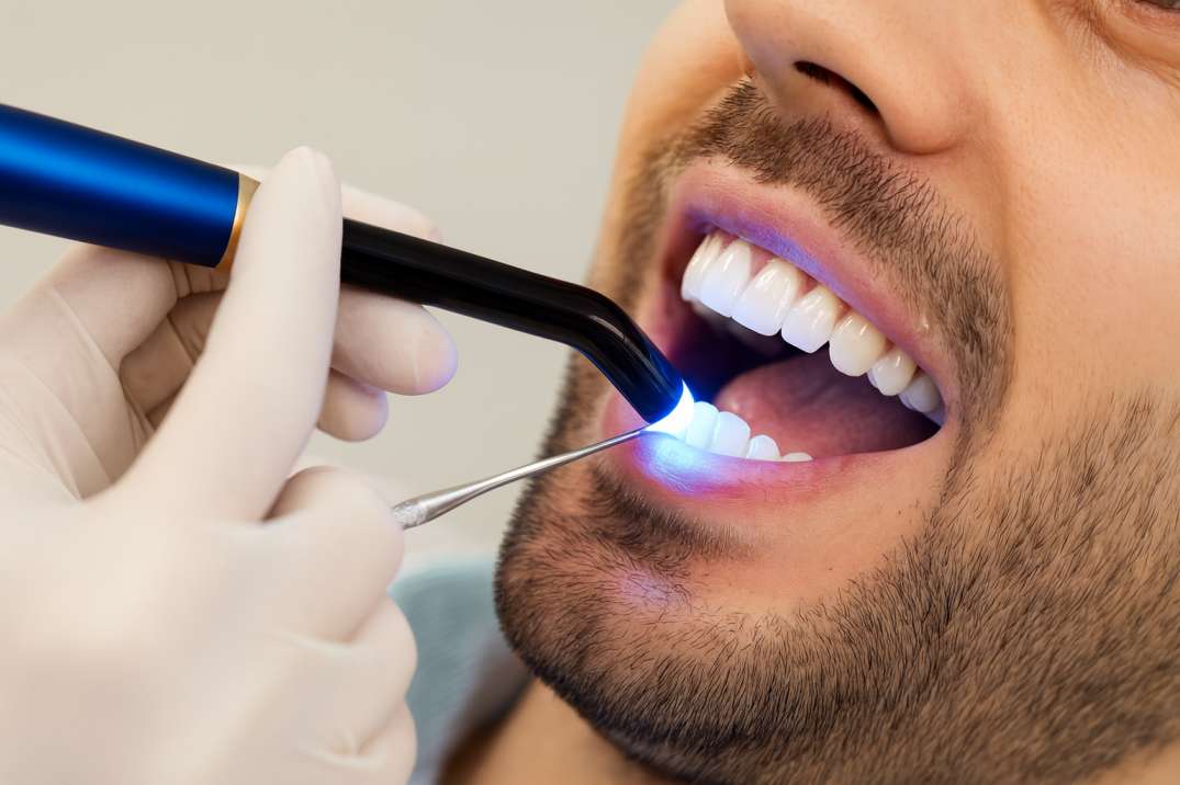 Close-up of a dental professional performing a dental bonding procedure with curing light on a patient's teeth.