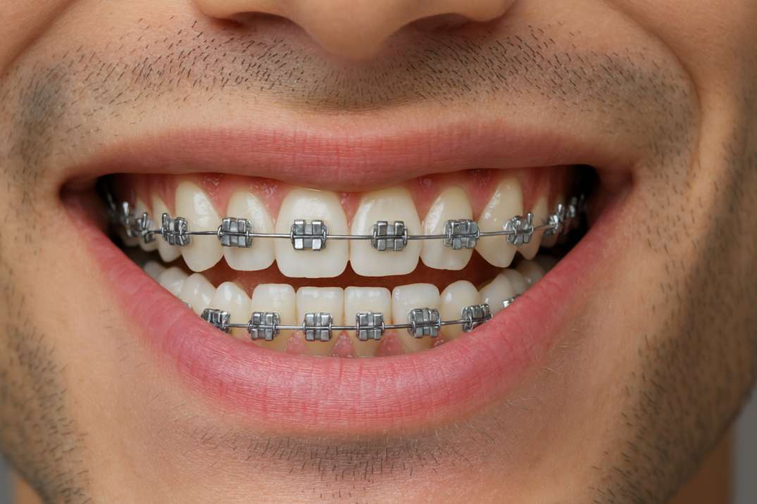 Close-up of a smiling mouth showing teeth with metal braces.