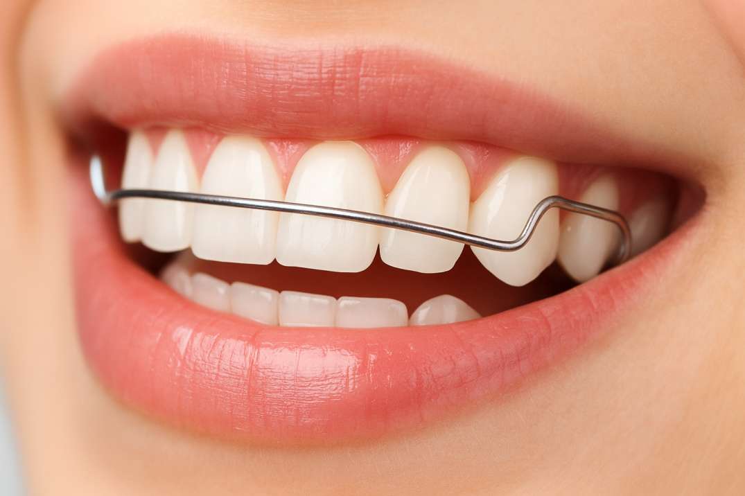 Close-up of a smile showing upper teeth with a metal dental retainer wire attached.