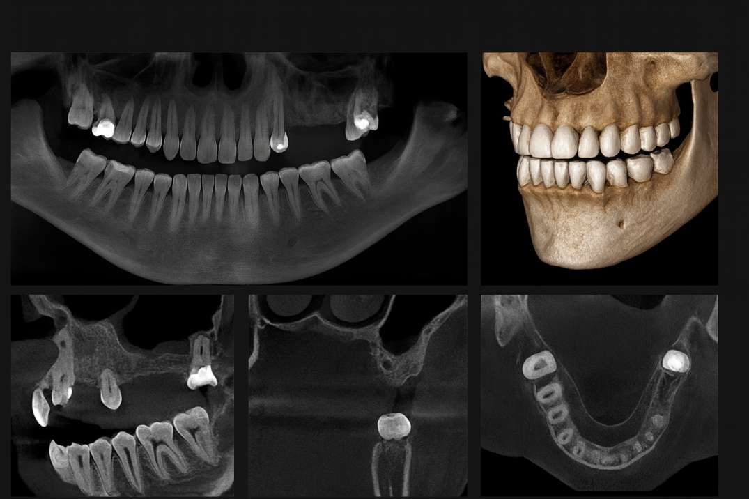 Composite dental X-rays and 3D CBCT scans showing upper and lower jaw with teeth, including dental fillings and detailed bone structure.