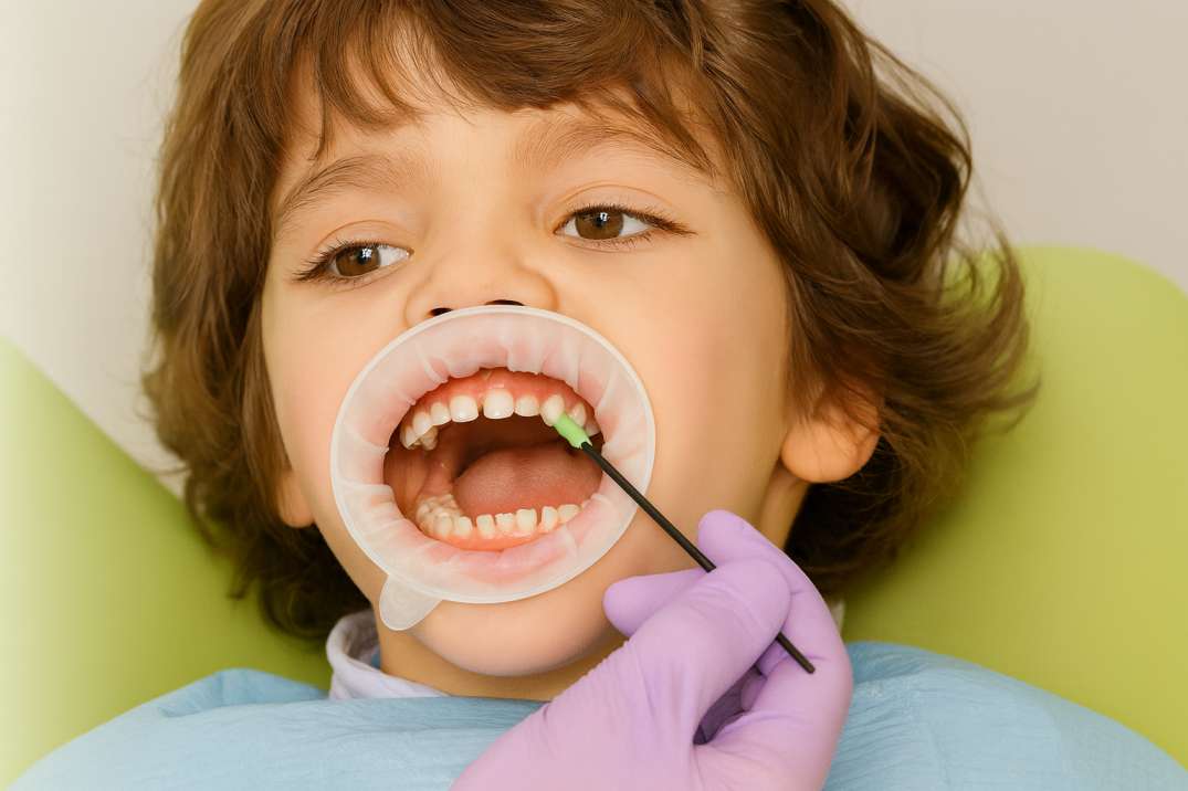 Child with mouth open and dental cheek retractor receiving fluoride treatment applied by a gloved hand.