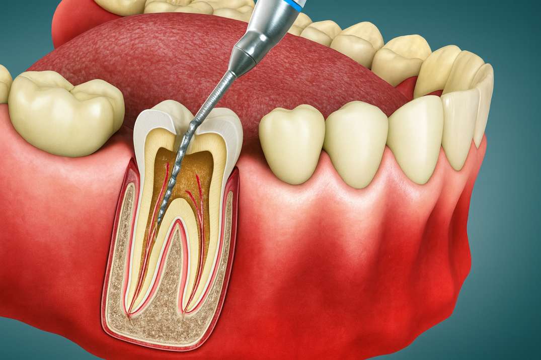 Cross-section of a molar tooth showing a dental instrument cleaning inside the root canal.