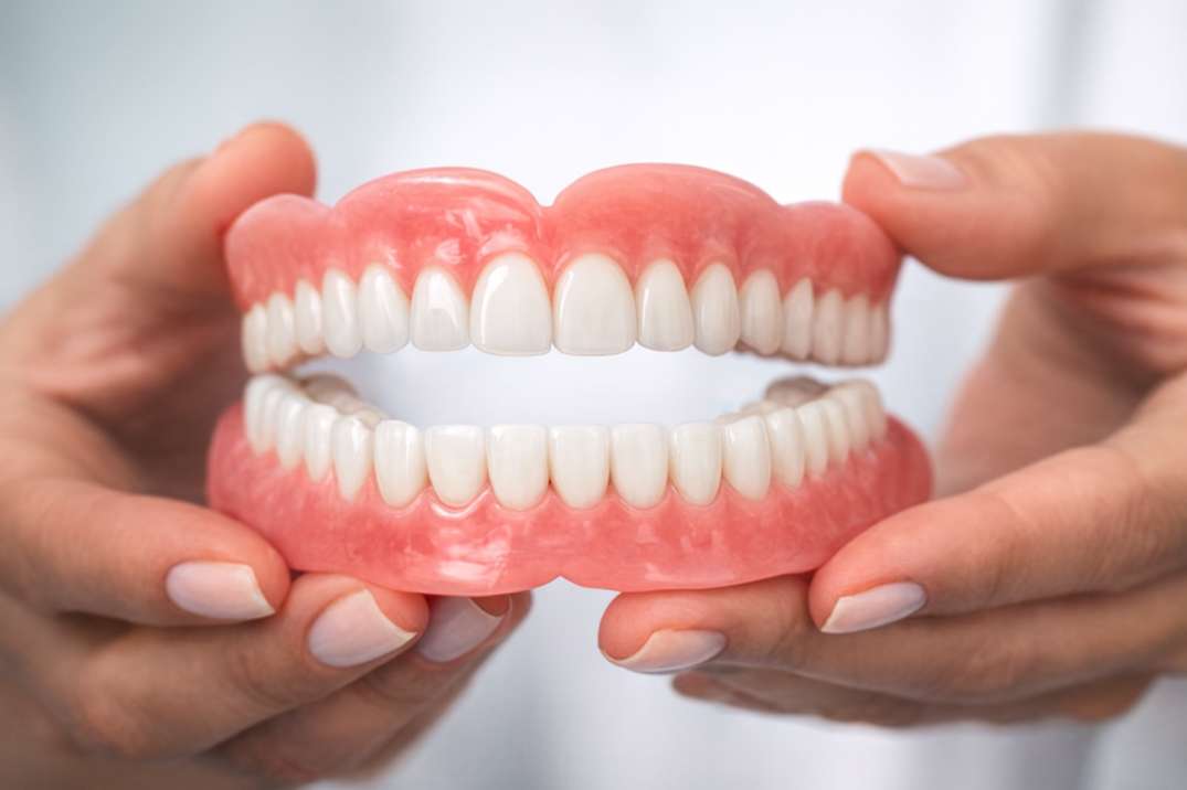 Hands holding a full set of upper and lower dentures with white teeth and pink gums.