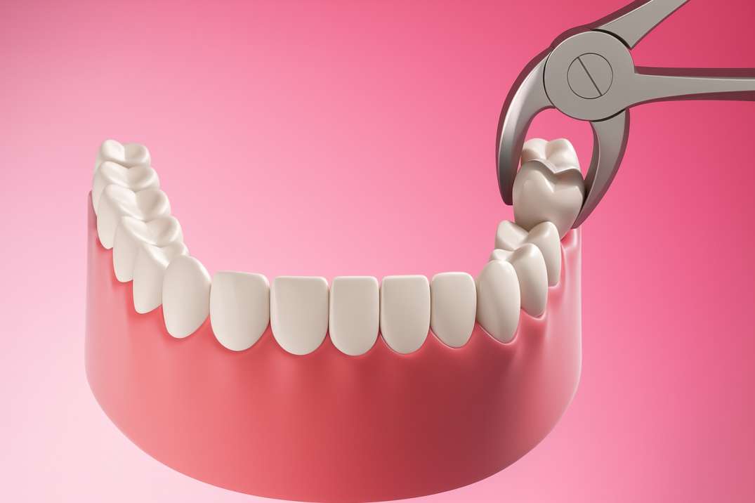 Dental extraction tool removing a molar tooth from a lower jaw model against a pink background.