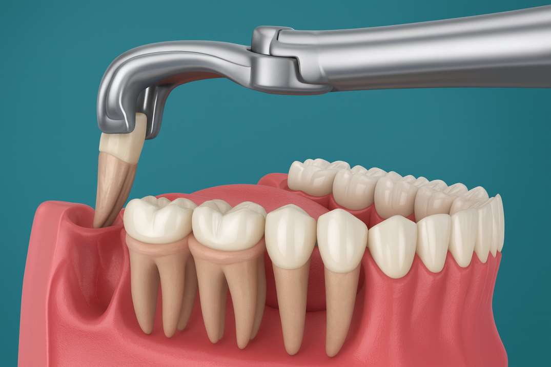 Dental extraction tool pulling a wisdom tooth from the lower jaw in a 3D medical illustration.