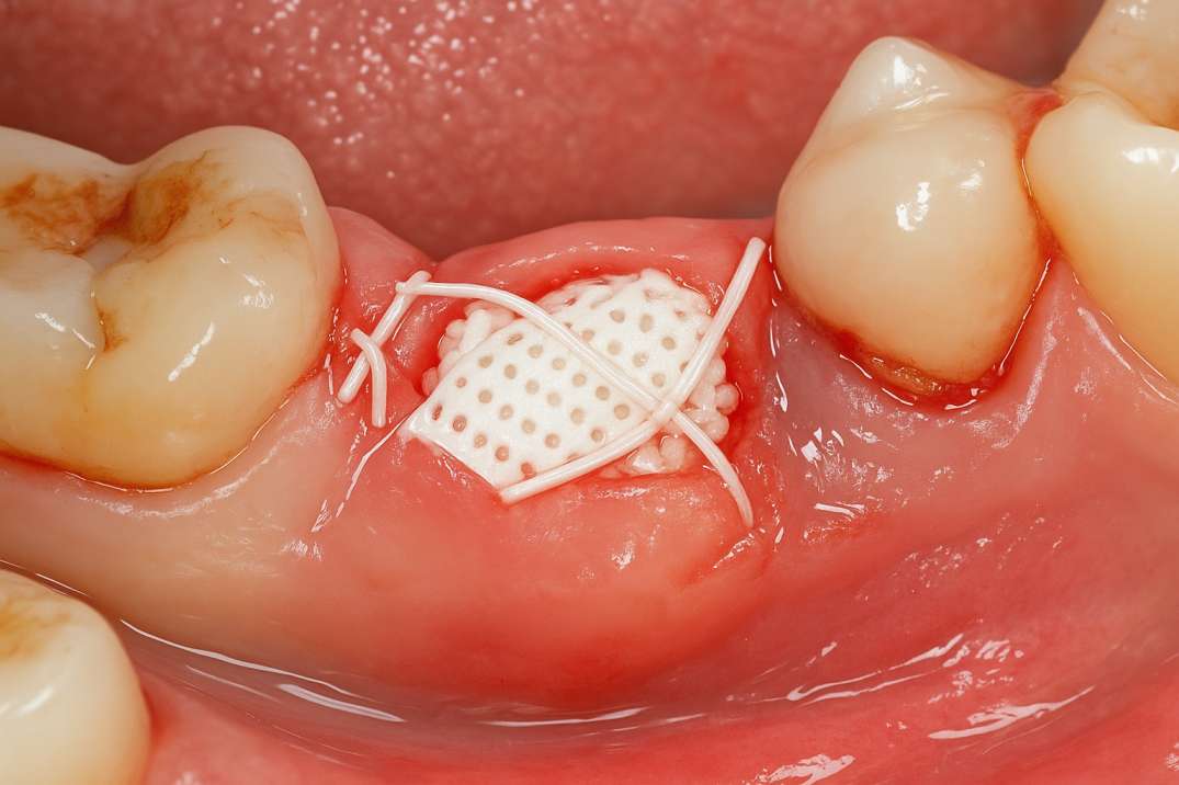 Close-up of a dental socket preservation site with a white membrane secured by sutures between natural teeth.