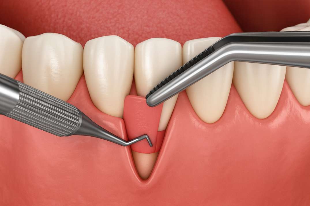 Close-up illustration of dental tools placing a gum graft patch on the lower front teeth area.