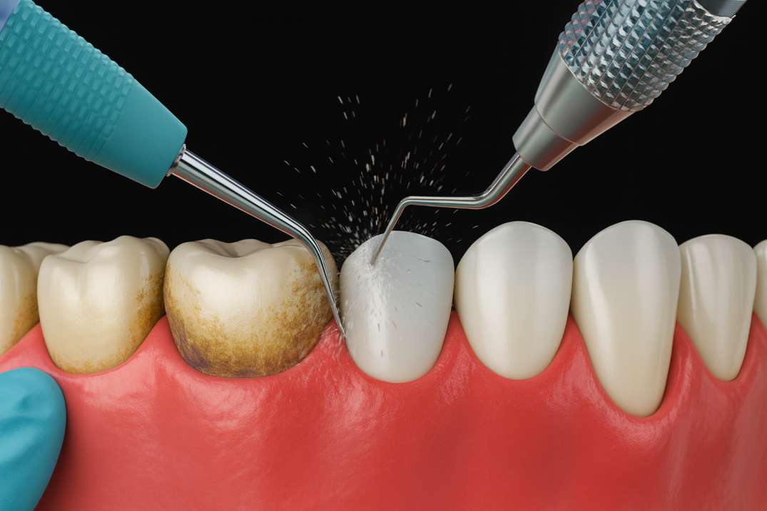 Dental cleaning tools removing plaque and tartar from teeth and gums with close-up of stained and clean teeth.